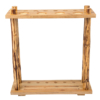 Wooden billiards cue rack for displaying pool stick and balls.