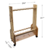 Double-sided fishing pole holder rack stores 16 rods and reels, includes product dimensions.