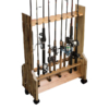 Double-sided fishing pole rack with rolling storage stores up to 16 rod and reel combos.