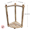 Corner wooden fishing rod storage rack with rods and reels and product dimensions shown.