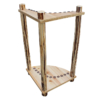 Corner rod storage rack with wooden frame and multiple fishing rods displayed.