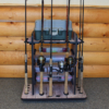 383009F_sm Fishing Rod holder Rack Holds Rods, reels and tackle box with four layer shelves.