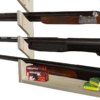 Natural light-colored wood with three tiered slots that hold the long items securely in place.