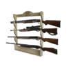 Wall-mounted wooden gun rack displaying four rifles.