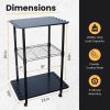 Fishing rod storage stand with shelves for tackle boxes and gear with dimensions.