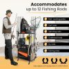 12 rod fishing rod holder with adjustable clips, durable storage rack for tackle boxes & gear.