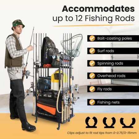 Rush Creek Creations 12-Rod Rolling Fishing Gear Tackle Cart, Fishing Rod Tackle Storage Cart with 12 Freshwater Rod Clips Rush Creek Creations 12-Rod Rolling Fishing Gear Tackle Cart, Fishing Rod Tackle Storage Cart with 12 Freshwater Rod Clips