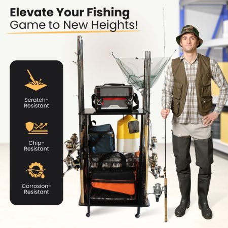 Fishing Rod Organizer 360° Rotating Fishing Rod Holder Stand - Holds 16 Rods, Solid Wood Storage For Garage & Boats Rotating Rod Stand