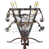394008 2in1 Bow Rack Realtree wood rack holding 3 compound bows, 1 crossbow, and 12 arrows on white background.