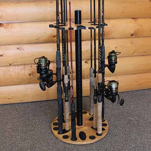 Rush Creek Creations 24-Rod Round Fishing Rod Rack with 6″ Extension Post,  Fishing Pole Holder for Garage, American Cherry - Rush Creek Creations