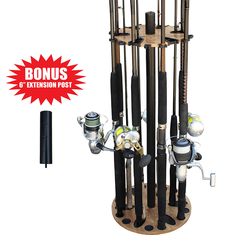 Rush Creek Creations 24 Round Fishing Rod/Pole Storage Floor Rack American Cherry Finish - Features Free 6" Extension Post - No Tool Assembly