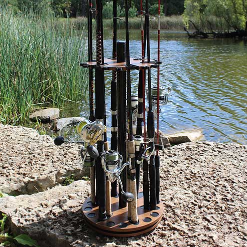 Rush Creek Creations 24-Rod Rotating Round Fishing Rod Storage Rack, Spinning  Fishing Rod Holder with Dual-Rod Clips, Dark Walnut - Rush Creek Creations