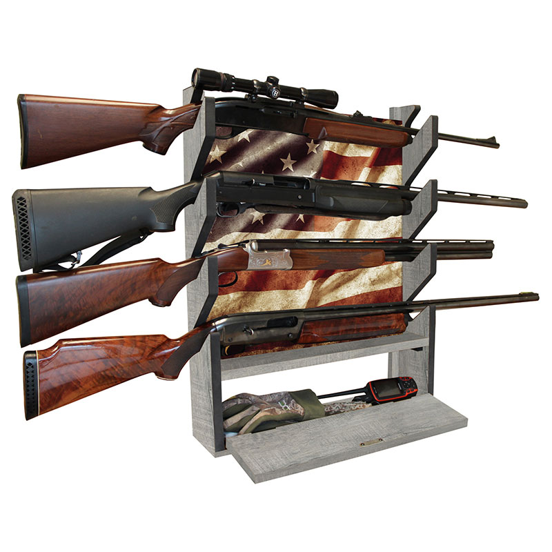 Rush Creek Creations Indoor 4 Rifle/Shotgun Wall Storage Americana Display Rack - Features Storage Compartment For Accessories
