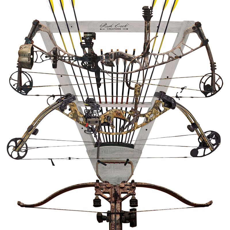 Rush Creek Creations Universal 3 Archery Bow Rack Wall Mount with 12 Arrow Capacity Barn Wood Finish - Features 3 Adjustable Bow Hanging Locations