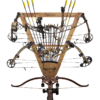 Wooden wall bow rack displaying three compound bows, one crossbow, & 12 arrows on white background.