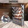 Wooden firearm wall rack with American flag artwork and storage shelf below with diemensions.