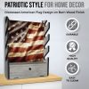 Four-slot wooden gun wall rack with patriotic flag background for home decore.