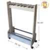 Double-sided fishing rod holder rack stores 16 rods and reels, with product dimensions.