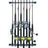 400010_main Vertical fishing rod storage rack displaying eight rods with reels.