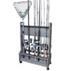 Double-sided 16-rod fishing rod rolling rack with reels, storage shelf, and wheels.