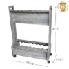 Double-sided rolling rack holds 16 rods, dimensions shown, gray wood frame with wheels