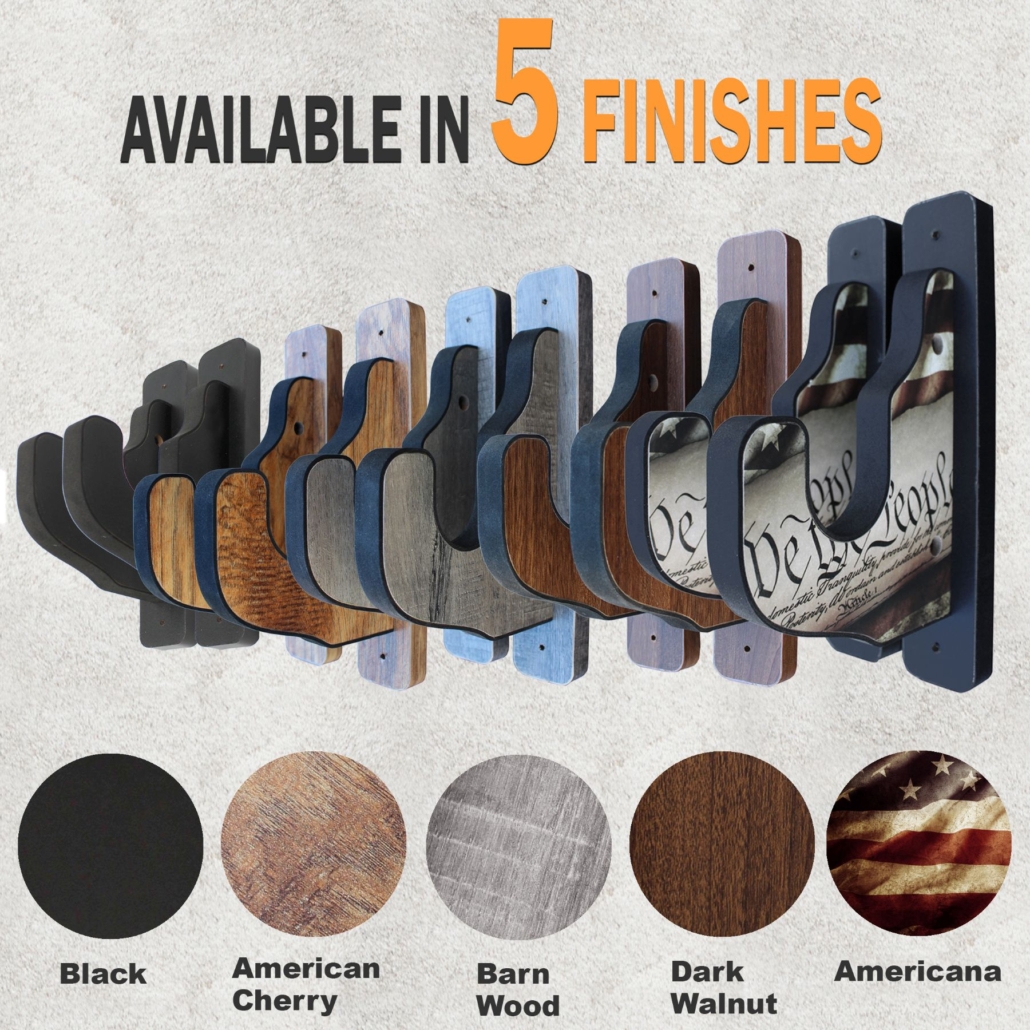 Single wall gun rack with durable construction, available in 5 finishes for decor.