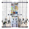 400015 Fishing rod garage wall rack holding 14 rods with reel combos and tackle storage.