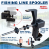 400015E 14-rod fishing rod and tackle wall storage system with fishing line spooler.