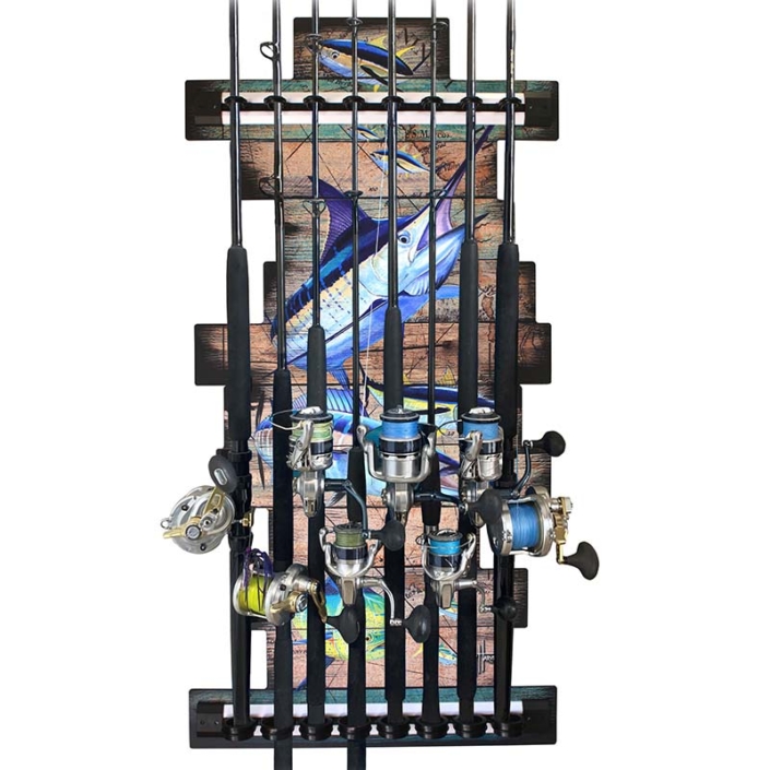 Rush Creek Creations Guy Harvey 8 Rod Wall Or Ceiling Fishing Rod Storage Rack Wall Mount