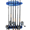 602003 Fishing rod rack storing six fishing rods and reels with plastic clips and shark fish design on the panel.