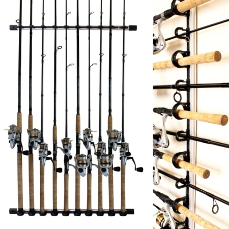 Fishing Rod Rack, Floor Standing Fishing Pole Rod Holder Wood Store Up to  12 Rods and Combos Seamlessly Match Any Home, Garage (Black)