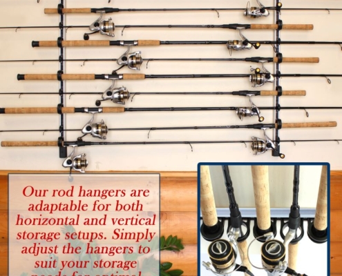 ZJMK Fishing Rod Holder 35 Inch Long Fishing Rod Stand for Garage Door,  Wall Mount Wooden Pole Frame - Space-Saving Organiser, Holds up to 10 Rods