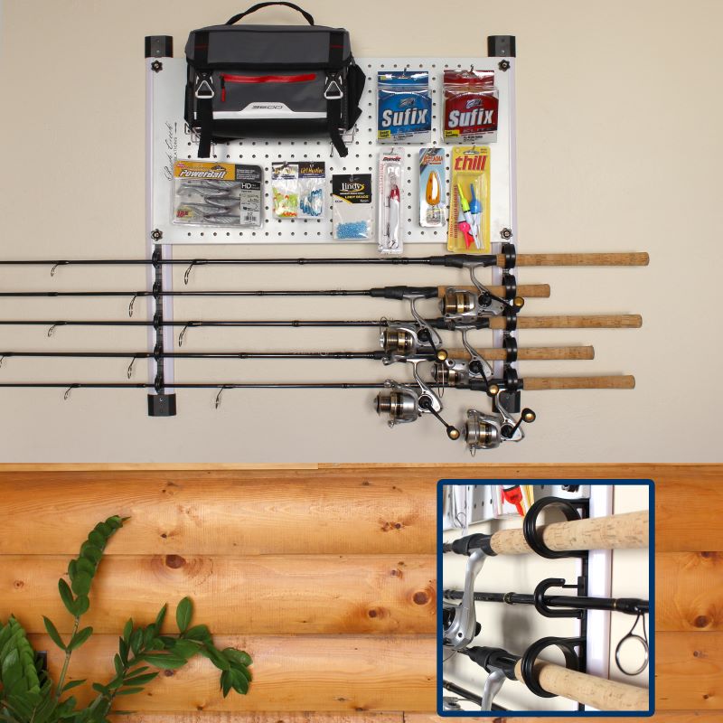 Wall Mount Rod Rack, Fishing Pole Holder, Large Tackle Organizer