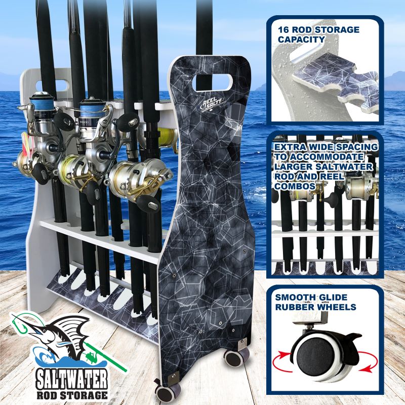 Rush Creek Creations Reel Salty Marine Grade Composite 16-Rod Rolling  Double-Sided Fishing Rod Storage Rack, Best Saltwater Fishing Rod Holder –  100% Waterproof with 16 Rod Capacity, Gray/White - Rush Creek Creations