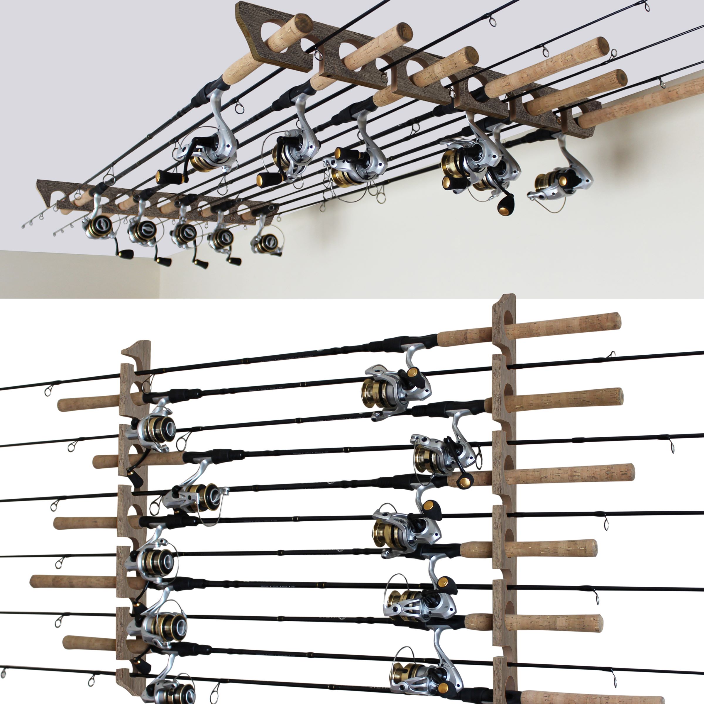 Wooden Fishing Pole Holder, 24 Inch Wall Mount Rod Rack with 11 Spaces for  Rods