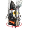 360° rotating fishing rod rack with 12 rods, reels, tackle bags, and gear storage shelves.