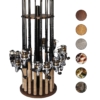 16-rod heavy-duty fishing rod holder rack with round base, center post, reels, and finish options.