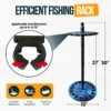 Rotating fishing rod holder with 360-degree access and secure storage clips.
