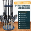 Blue design Fishing rod holder stores up to 16 rod and reel combos, ideal for display.