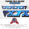 Blue fishing pole holder measurement graphic with USA brand logo.
