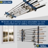 Wall and ceiling blue fishing rod holder storing eight rods with reels beside a window.