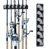 400044 1pk Wall mounted fishing rod rack holding rods and reel combos for garage storage.