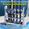Portable double-sided fishing rack with rods, reels, and locking caster wheels on display.