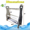 Double-sided rolling fishing rod rack with dimension display and durable side panels.