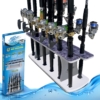Marine-grade fishing rod holder rack storing 11 fishing rods and reel combos for garage or dock.
