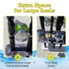 Fishing rod rack with extra space for large reels for organized fishing rod and reel combo storage.