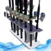 Saltwater fishing rod storage rack with 11-rod capacity for organized fishing gear.