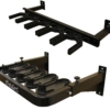 Black wall-mounted gun rack for five rifles secured in adjustable stock holders.