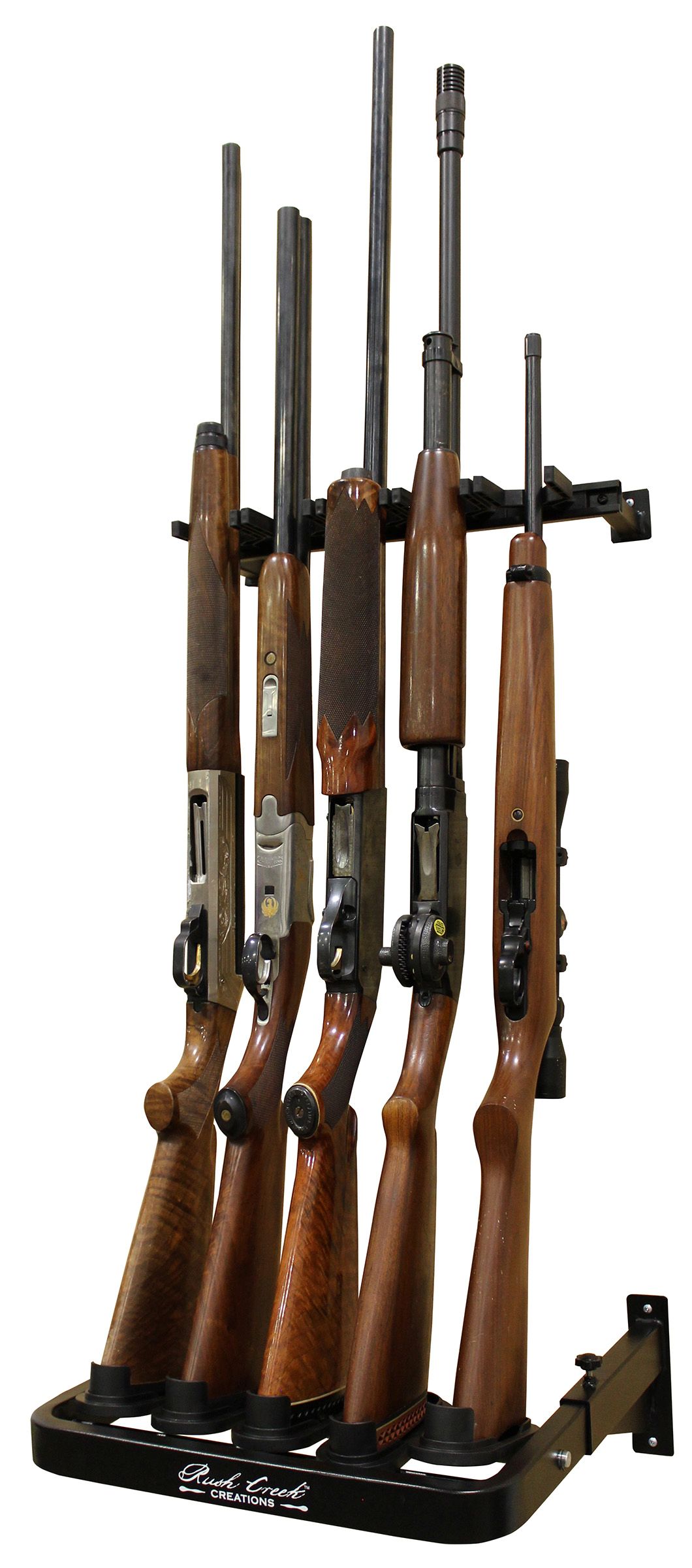 Five long guns organized on a wall-mounted rifle storage rack.