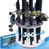 360 degree rotating fishing rod holder storing 12 spinning rods and reels, marine grade fishing rod storage rack for garage.